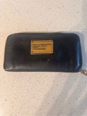 Marc Jacobs Black Leather Zip Around Wallet with Gold Plaque